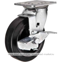 Поворотное чугунное колесо с литой черной резиной и тормозом <nobr> SCdb 125</nobr>