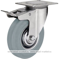 Поворотное стальное колесо с серой резиной и тормозом <nobr> SCgb 200</nobr>